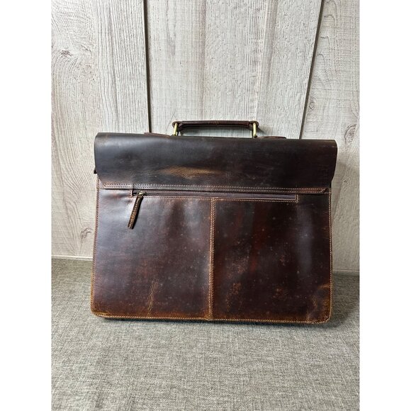 Leather Briefcase w/ Dual Buckle Closure & Detachable Shoulder Strap Brown - Picture 3 of 9